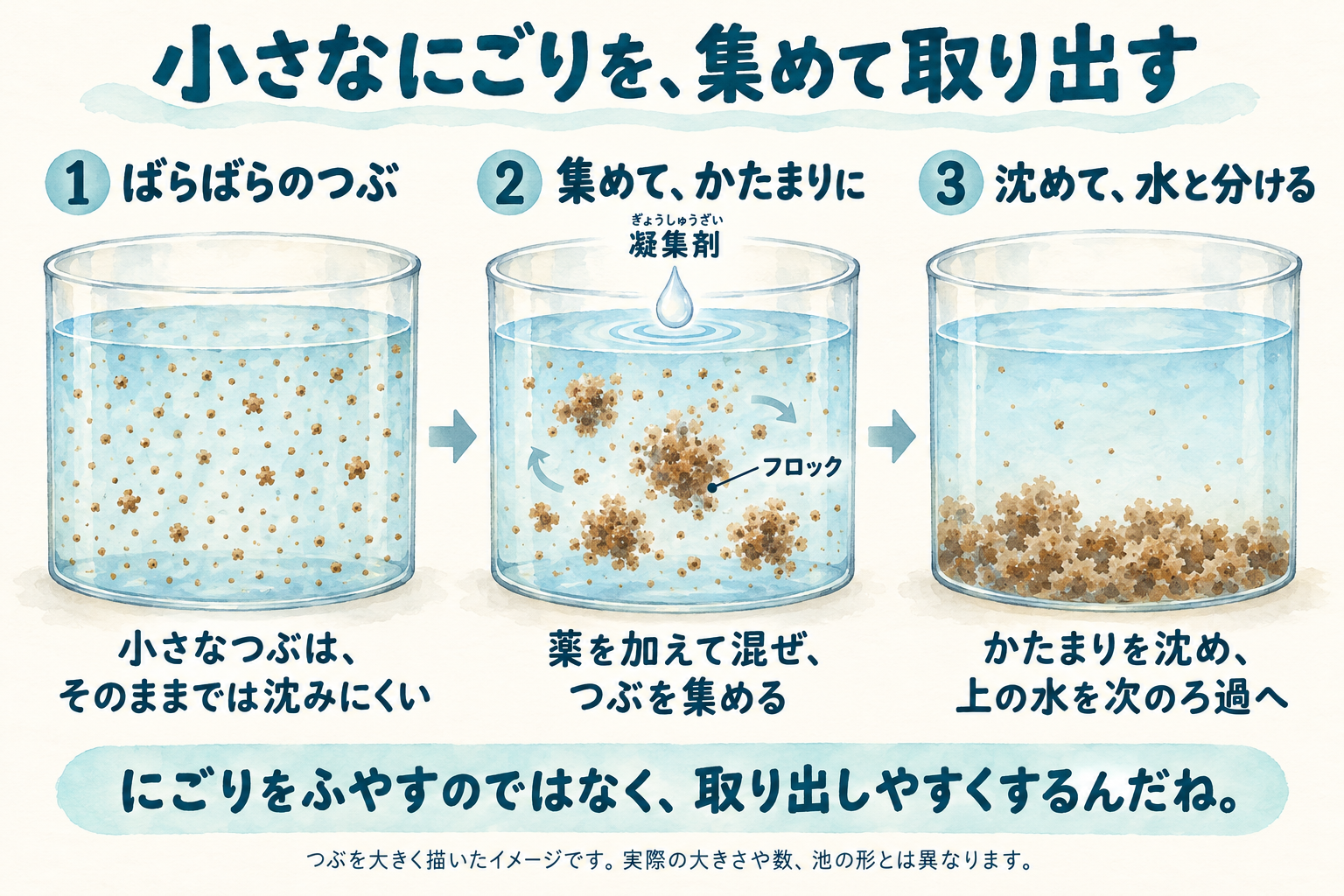 小さなにごりの粒に凝集剤を加え、フロックという大きなかたまりを作って沈殿させ、上澄みの水をろ過へ送る仕組みを示した3段階の図