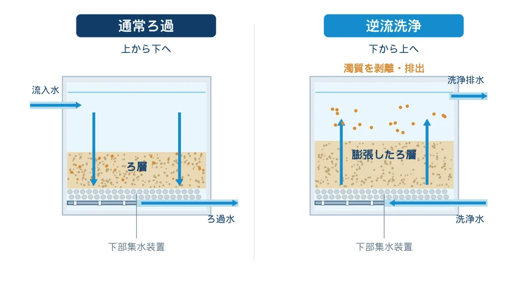下向流の通常ろ過と上向流の逆流洗浄を比較した模式図。逆洗では下部集水装置から洗浄水を送り、ろ層を膨張させ、剥離した濁質を上部から洗浄排水として排出する。