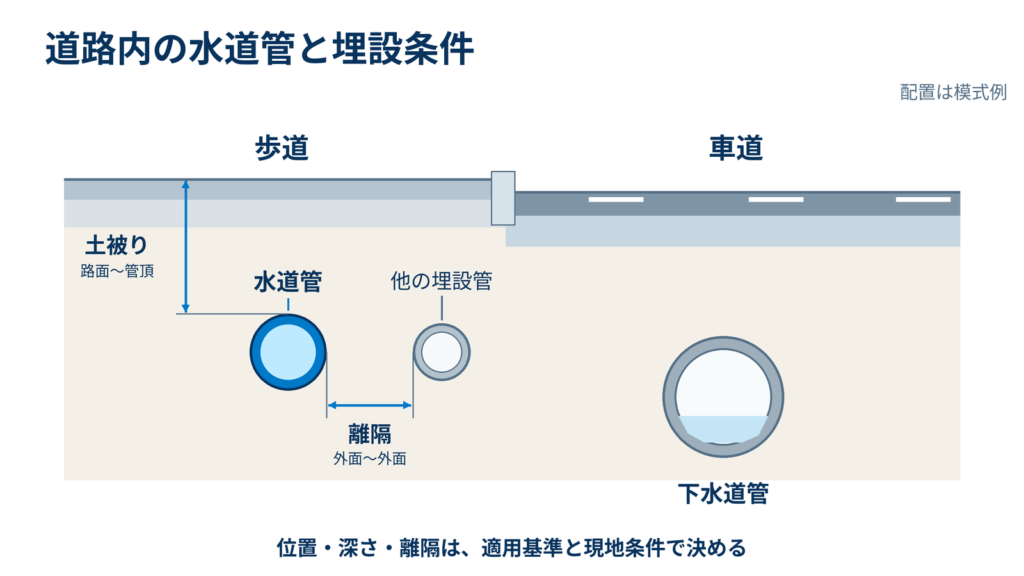 歩道と車道の地下に水道管や下水道管などを配置し、路面から管頂までの土被りと、管外面どうしの離隔を示す模式断面図