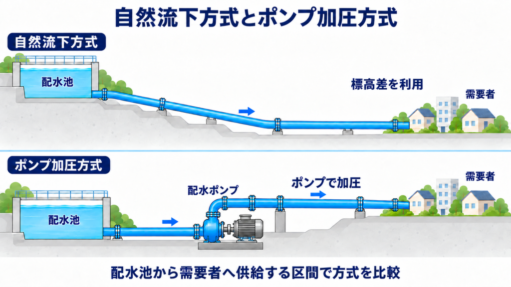 配水池の水位と標高差を利用する自然流下方式と、配水ポンプで加圧して需要者へ供給するポンプ加圧方式の比較図