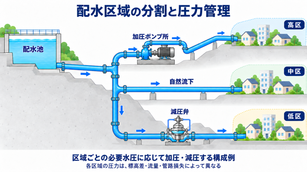 配水区域を高区・中区・低区に分割し、加圧ポンプ、自然流下、減圧弁を使い分けて水圧を管理する構成図