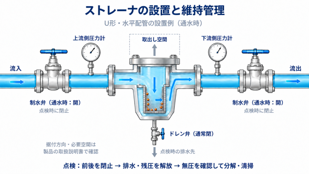 U形ストレーナの前後に制水弁と圧力計を設置し、下部のドレン弁、スクリーン取出し空間、点検時の排水と残圧解放を示す配管構成図