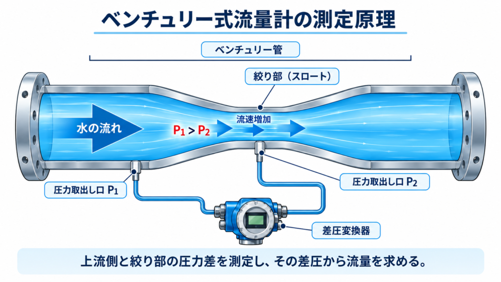 ベンチュリー管の絞り部で流速が増加して静圧が低下し、上流側と絞り部の圧力差を差圧変換器で測定して流量を求める仕組みを示す図