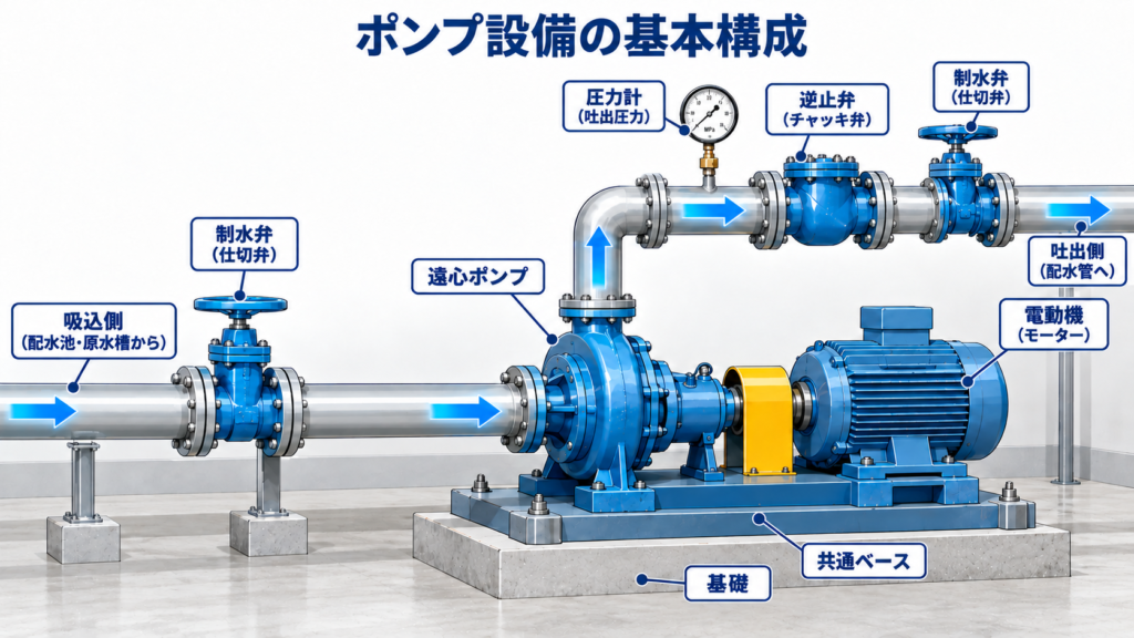 横軸遠心ポンプと電動機、吸込側・吐出側の配管、制水弁、逆止弁、圧力計などの基本的な設備配置を示す構成図