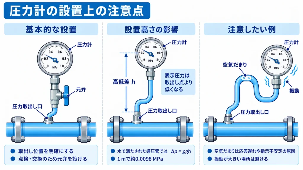 圧力取出し口と元弁を設けた基本構成、取出し点と計器の高低差による指示圧力の変化、導圧管内の空気だまりや振動による影響を示す図