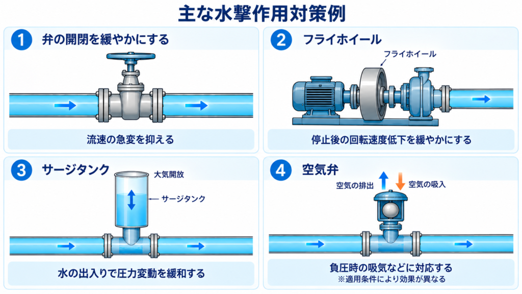 水撃作用の対策として、弁の緩やかな開閉、フライホイールによるポンプの減速緩和、サージタンクによる圧力変動の吸収、空気弁の吸排気を比較した図
