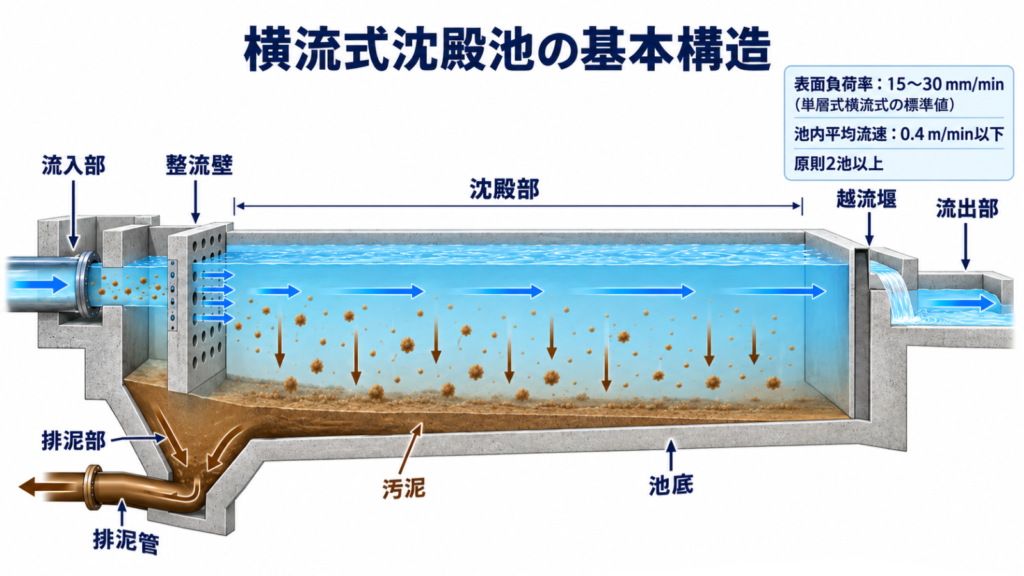 横流式沈殿池の流入部、整流壁、沈殿部、越流堰、流出部と、フロックの沈降、池底への汚泥堆積および排泥の流れを示す断面図