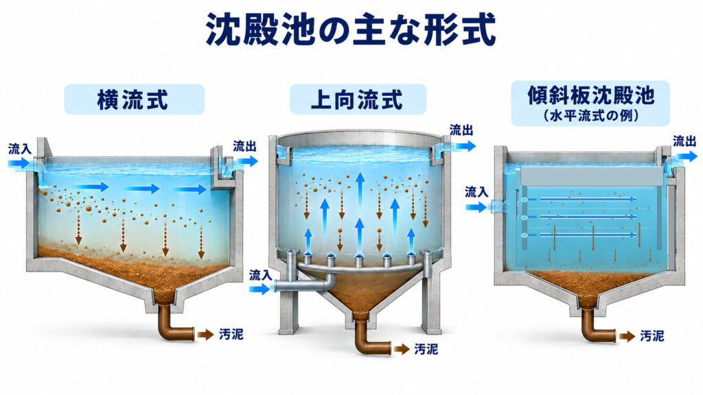 横流式・上向流式・傾斜板式の3種類の沈殿池について、水の流れる方向とフロックの沈降経路、各形式の構造の違いを比較した図