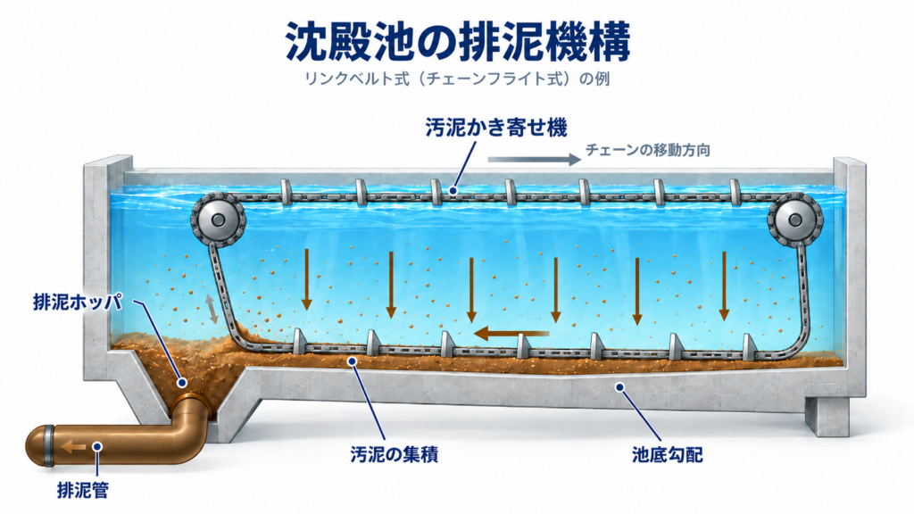 沈殿池の池底に沈降した汚泥を、汚泥かき寄せ機によって排泥ホッパへ集め、排泥管から池外へ排出する仕組みを示す図
