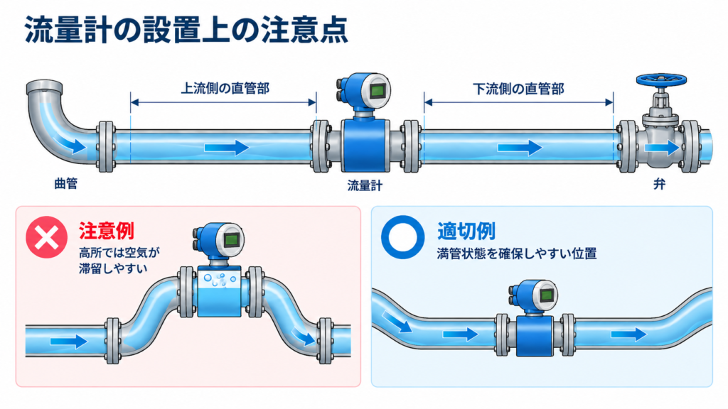 流量計の上流側・下流側に必要な直管部と、管路の高所に設置して空気が滞留する注意例、満管状態を確保しやすい適切な設置例を示す図