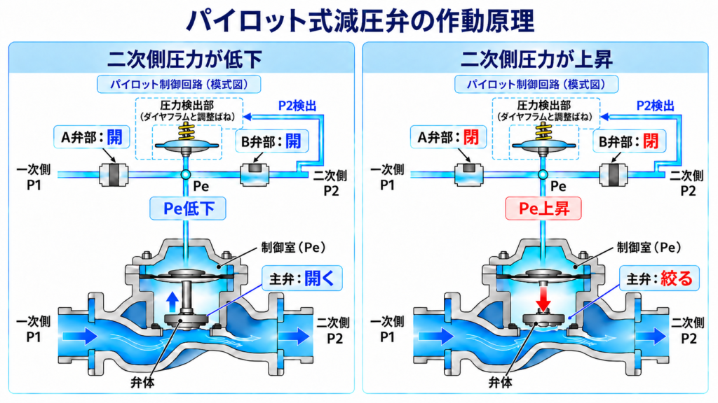 二次側圧力が低下した際に制御室圧力が下がって主弁が開く状態と、二次側圧力が上昇した際に主弁が絞られる状態を比較した図