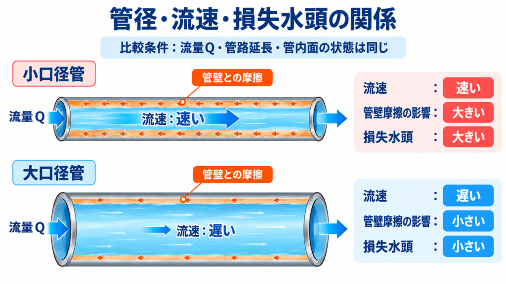 流量、管路延長、管内面の状態が同じ条件で、小口径管と大口径管の流速および損失水頭の違いを比較した図