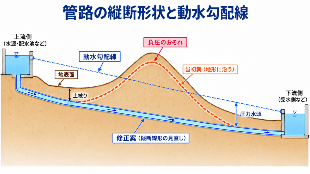 地形に沿った当初の管路案と縦断線形を見直した修正案を比較し、動水勾配線との位置関係、負圧のおそれ、圧力水頭を示す模式図