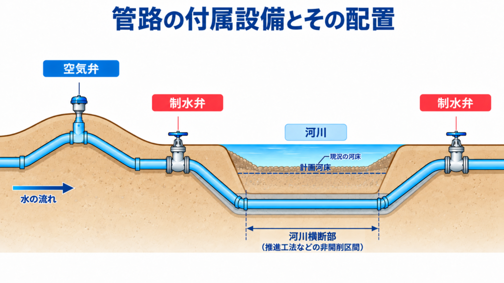 河川横断部における水道管路の配置と、河川・地盤条件を踏まえた管路設計上の検討箇所を示す模式図