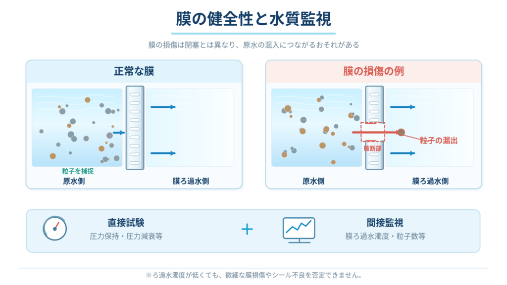 正常な膜による粒子の捕捉と、膜の損傷による粒子の漏出を比較し、直接的な健全性試験と濁度・粒子数による間接監視の関係を示した図。