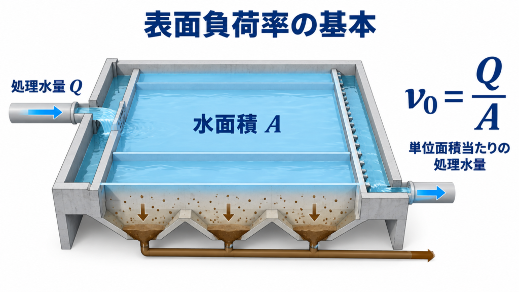 沈殿池の処理水量Qと水面積Aの関係を示し、単位水面積当たりの処理水量を表す表面負荷率をv₀=Q/Aで求めることを説明する図