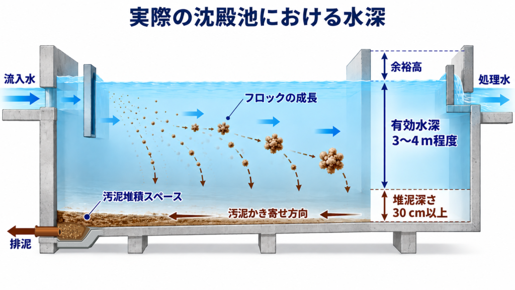 横流式沈殿池の有効水深3~4m程度、汚泥堆積のために見込む深さ30cm以上、余裕高の区分と、フロックの沈降・成長および底部の汚泥かき寄せを示す断面図