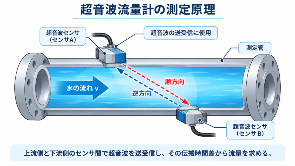 管路の上下に配置した超音波センサ間で、水流の順方向と逆方向に伝わる超音波の到達時間差を利用して流速を測定する仕組みを示す図