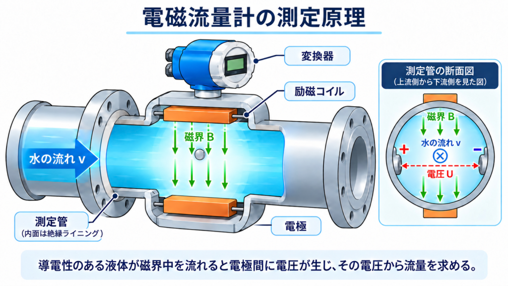 励磁コイルによって測定管内に磁界を発生させ、導電性のある水が流れることで電極間に生じる起電力から流量を求める仕組みを示す断面図